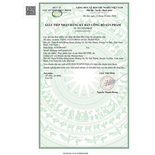 giấy tiếp nhận đăng ký bản công bố sản phẩm pqa bổ phế